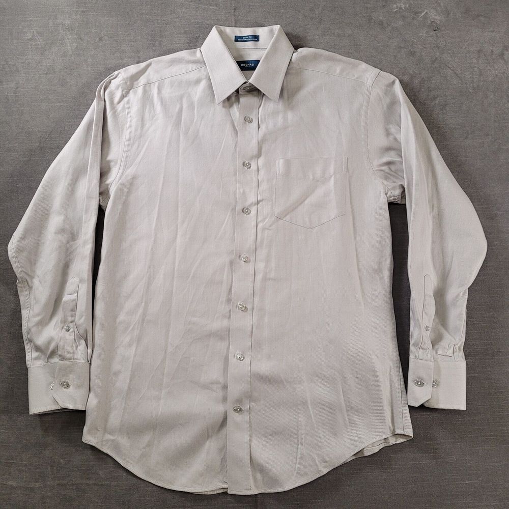 Rochas Dress‎ Shirt Mens 15.5 34-35 Beige Excellent Twill Cotton Long Sleeve